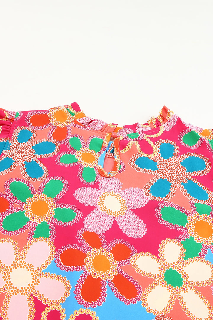 Embroidered Detail Floral Print Ruffle Trim Tank Top