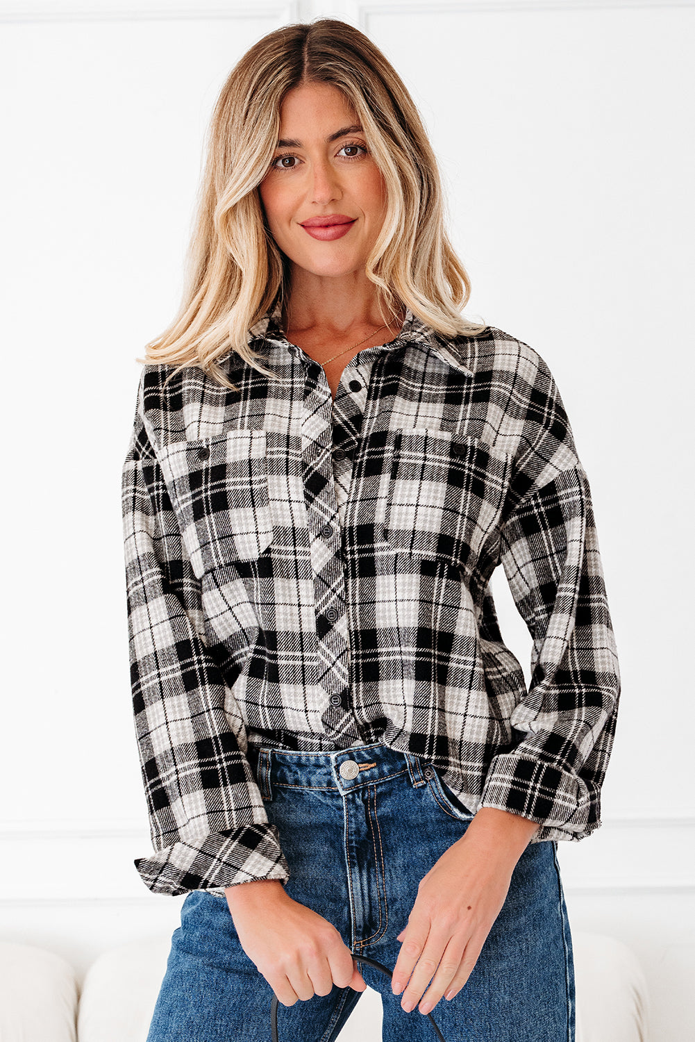 Plaid Print Chest Pockets Buttoned Shirt