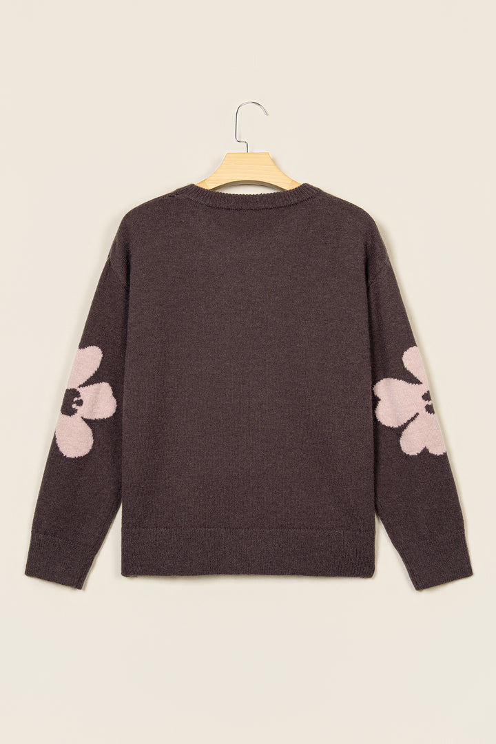 Chicory Coffee Cozy Floral Print Round Neck Dropped Shoulder Casual Sweater