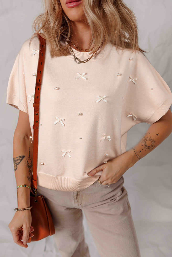 Chic Pearl Bow Embellished Dolman Short Sleeve Sweater