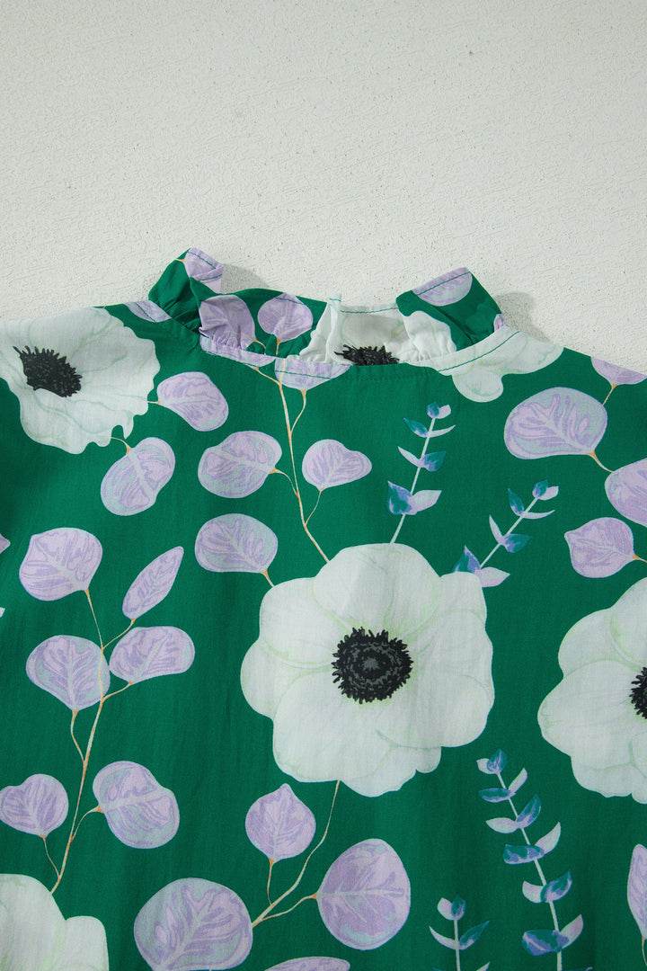 Green V Neck Ruffled Short Sleeve Flower Maxi Dress