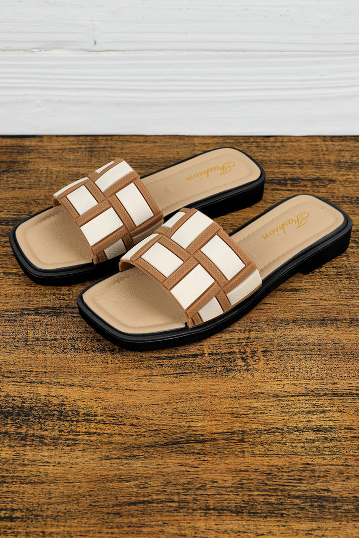 Two Tone Contrast PU Leather Square Toe Slippers
