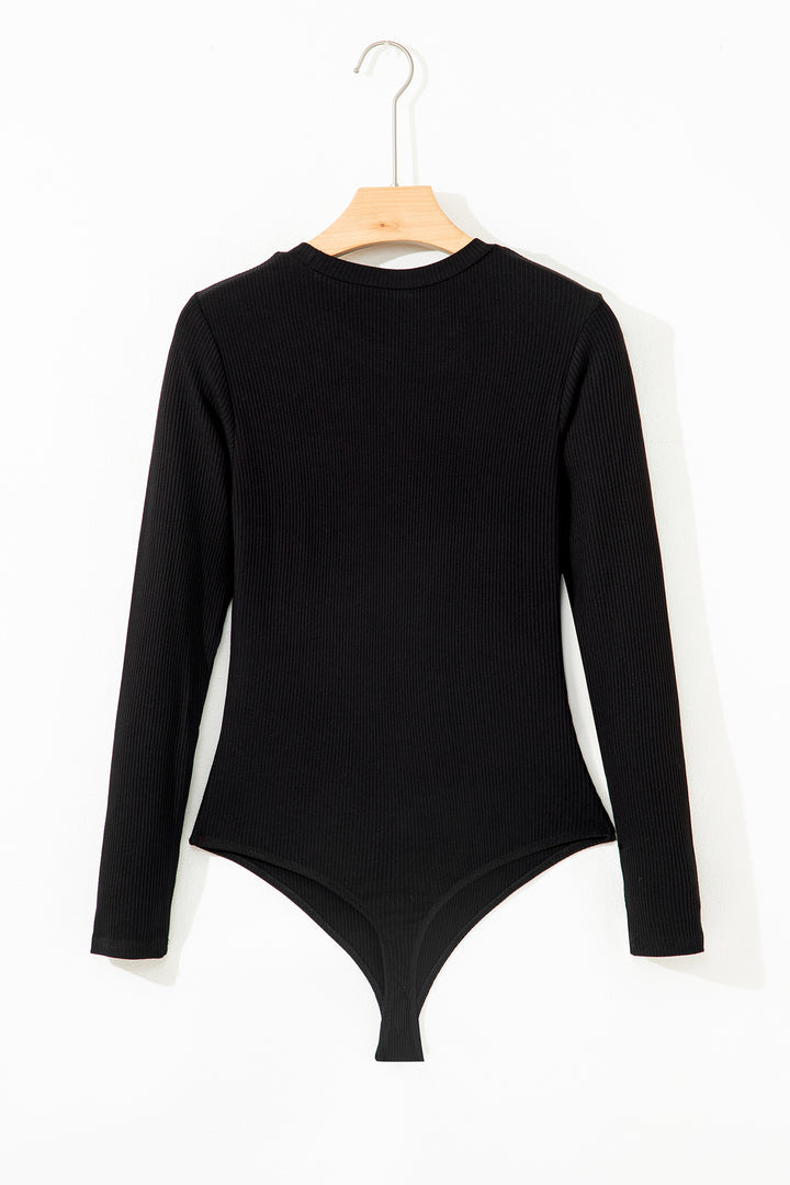 Dearlovers Black Ribbed Long Sleeve Crew Neck Solid Color Bodysuit