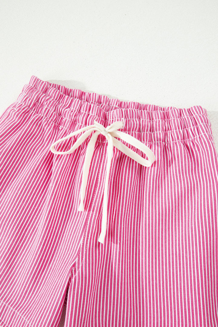 Pink Stripe Drawstring Elastic Waist Casual Denim Shorts