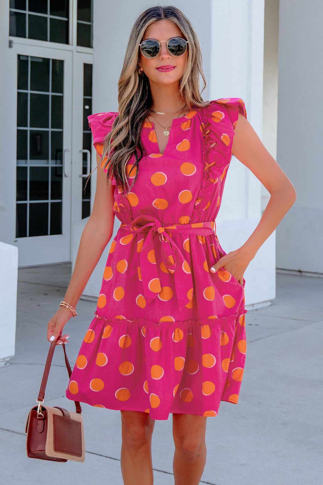Rose Double Polka Dot V Neck Ruffled Short Sleeve Short Dress