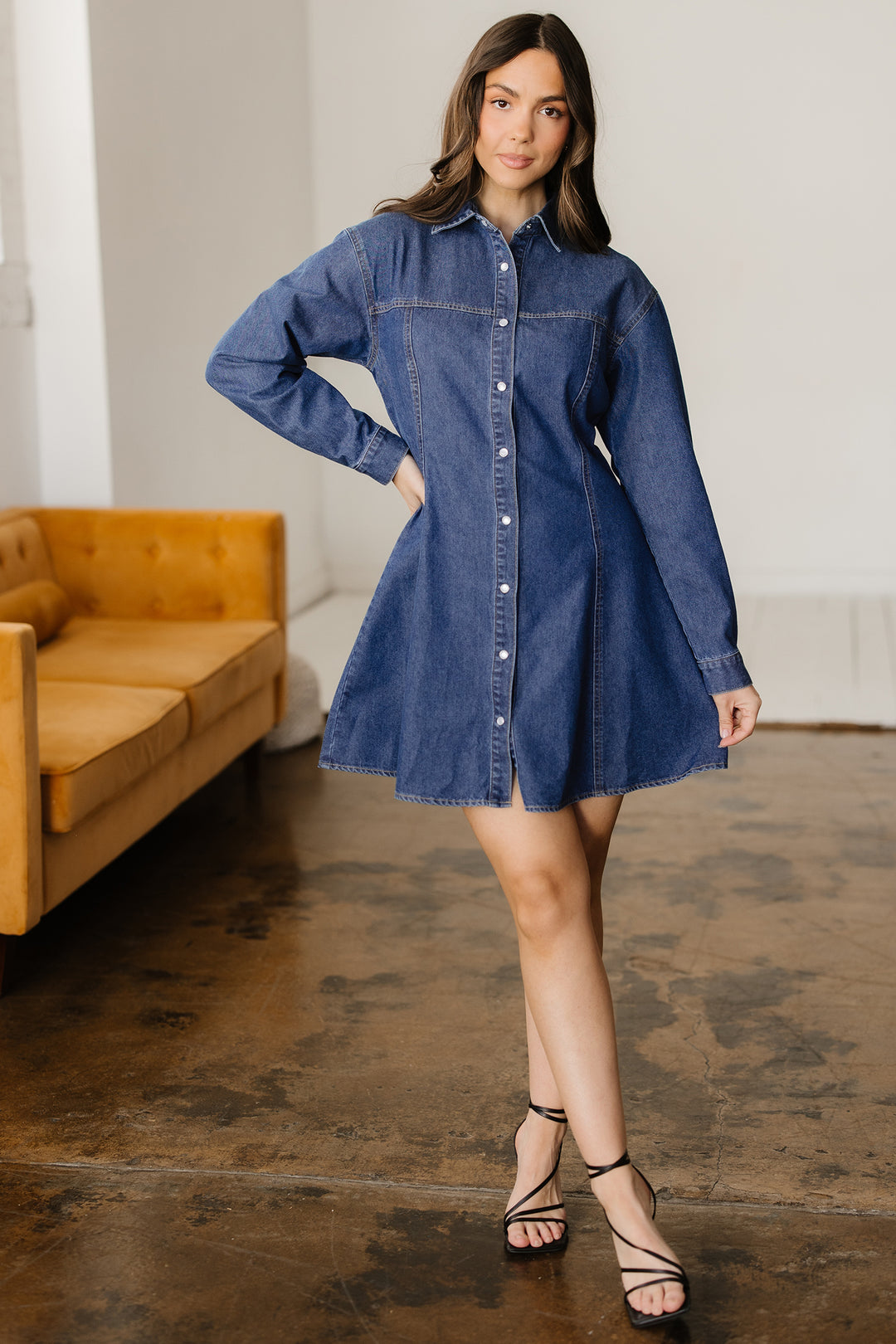 Denim Shirt Collar Long Sleeve Flared Mini Dress