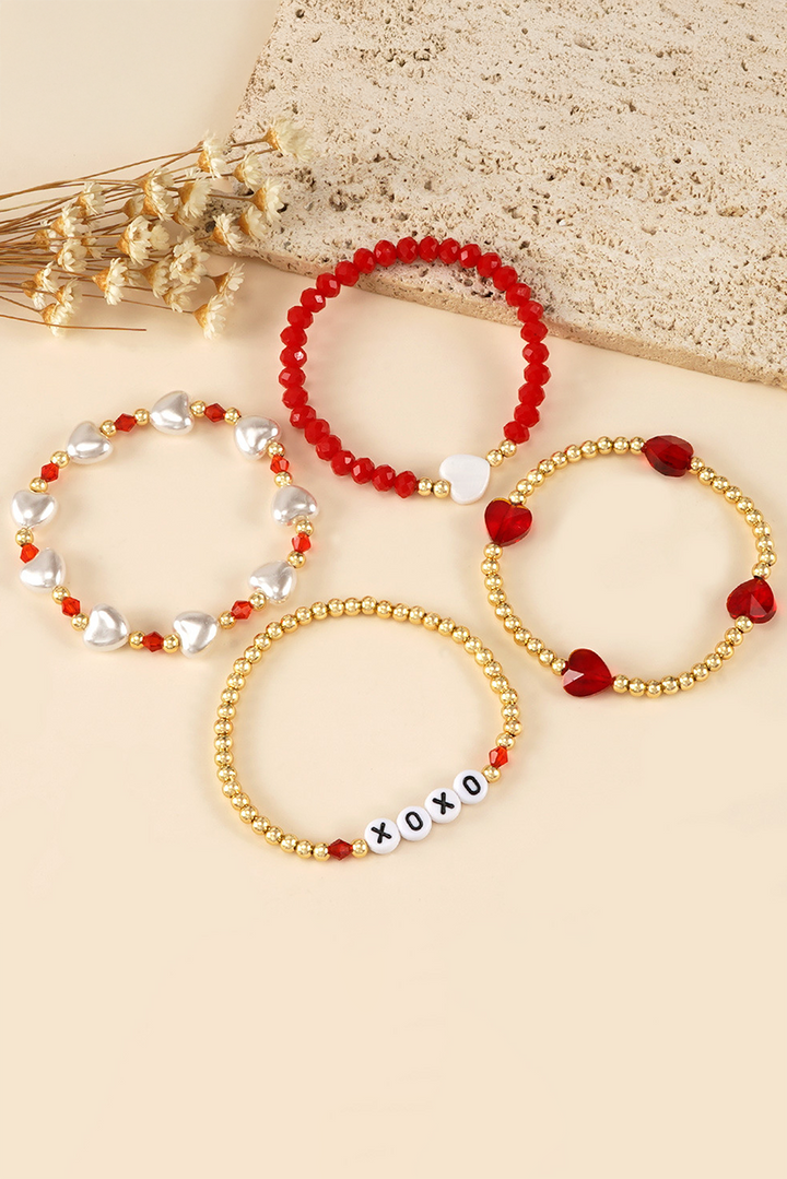 Bracelet superposé en perles cœur XOXO, 4 pièces
