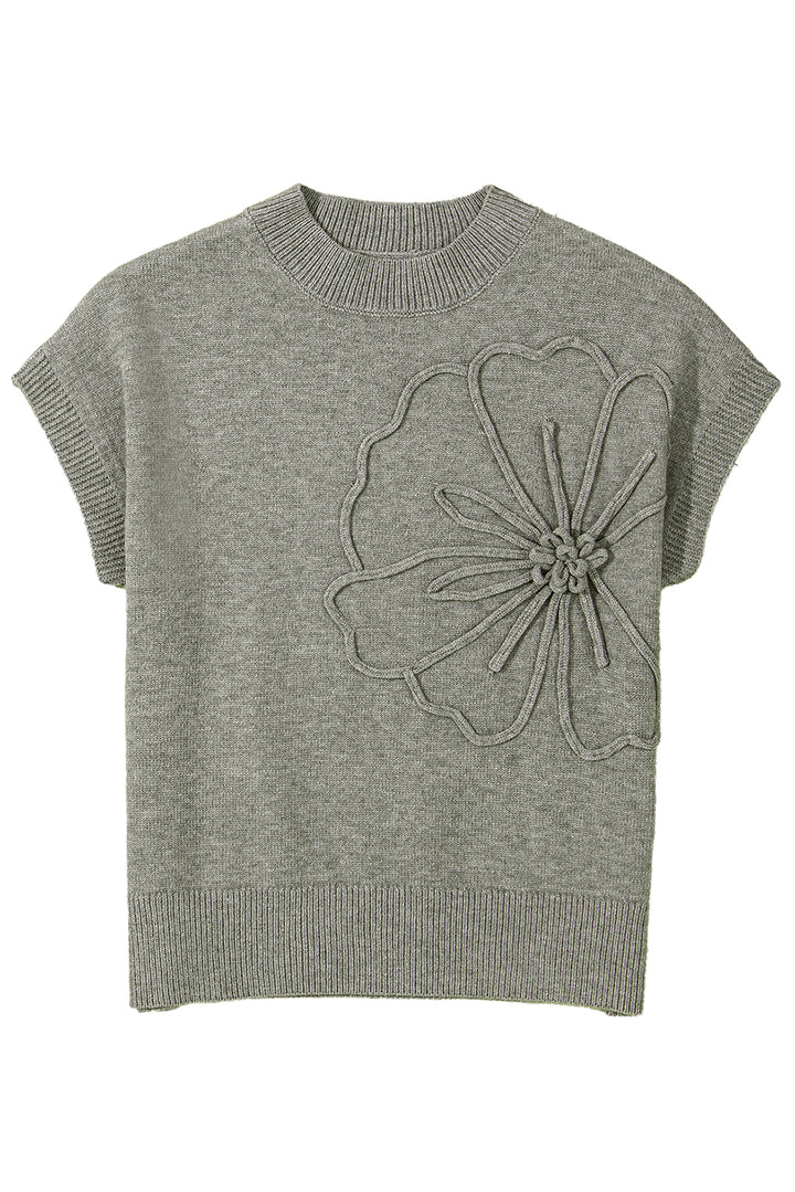 High Flower Pattern Ribbed Trim Short Sleeve Boxy Sweater