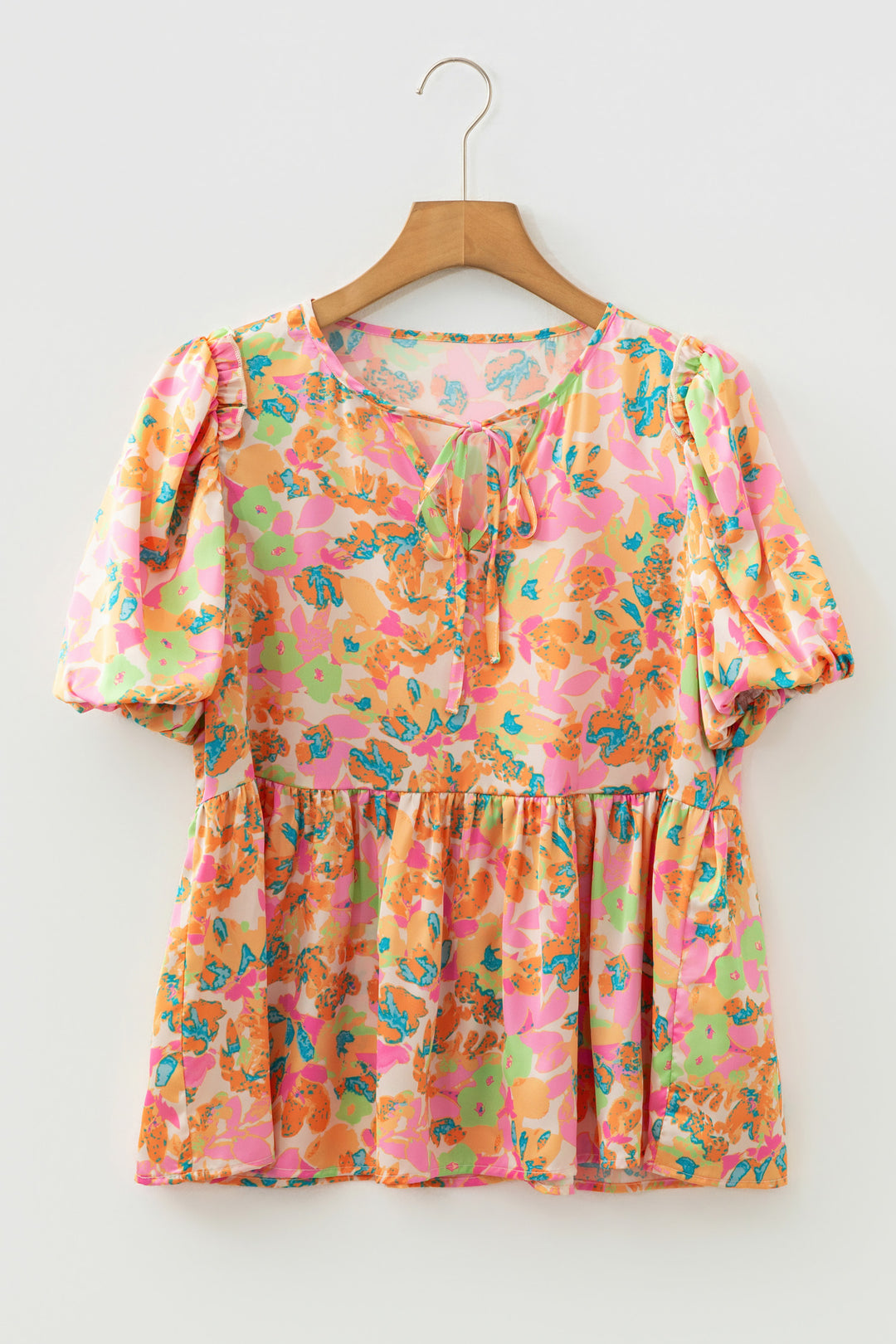 Split V Neck Short Sleeve Flower Blouse