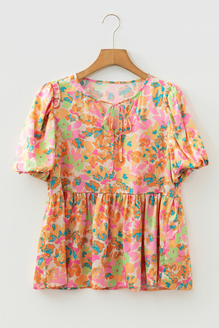 Split V Neck Short Sleeve Flower Blouse