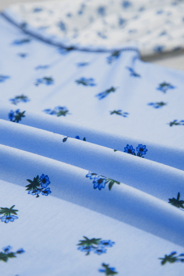 Sky Blue Floral Print Contrast Long Sleeve Tops