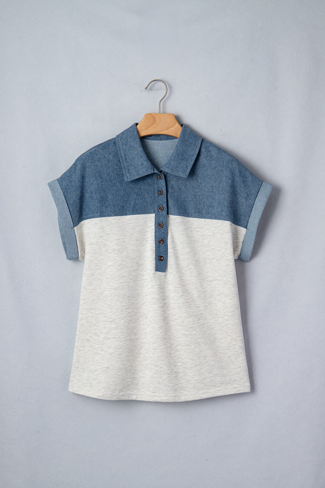 Color Block Denim Patchwork Button Polo Collar Short Sleeve Top
