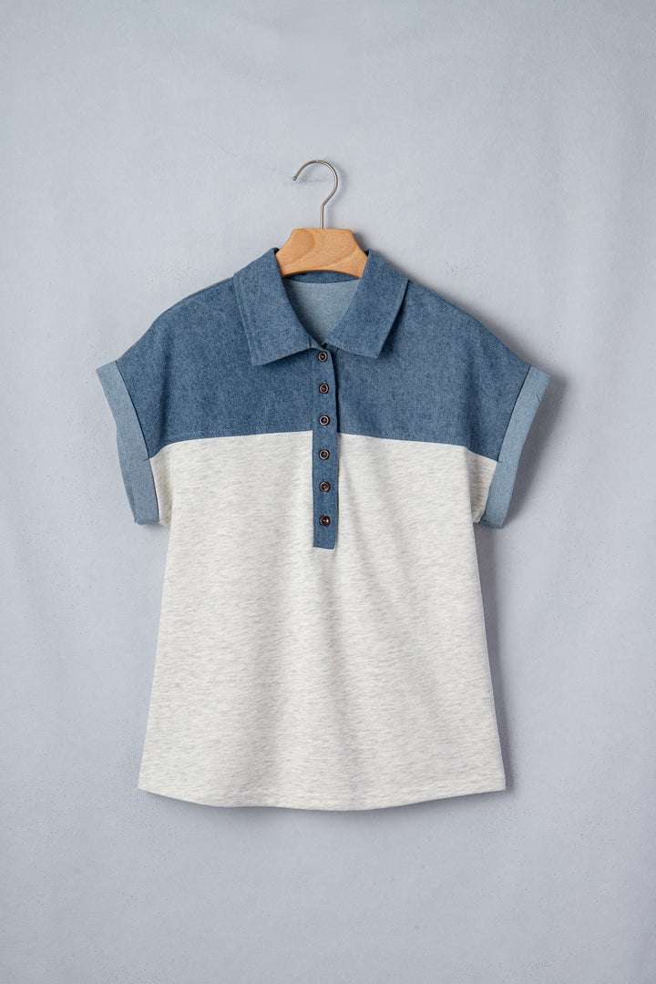 Color Block Denim Patchwork Button Polo Collar Short Sleeve Top