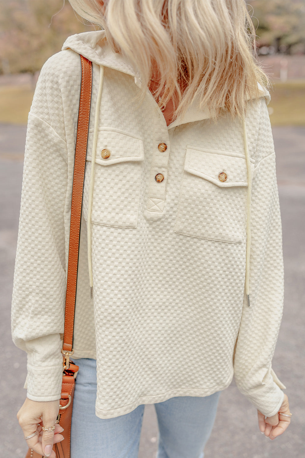 Textured Buttoned Neckline Side Pockets Hoodie