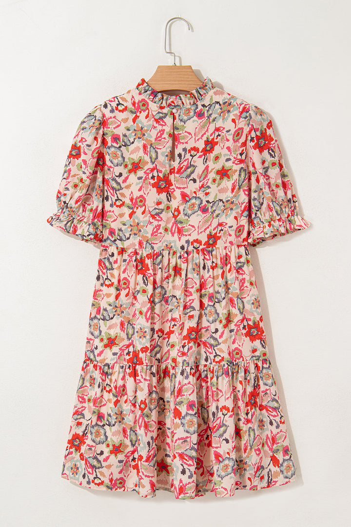 floral print frilled neck puff sleeve high waist dress