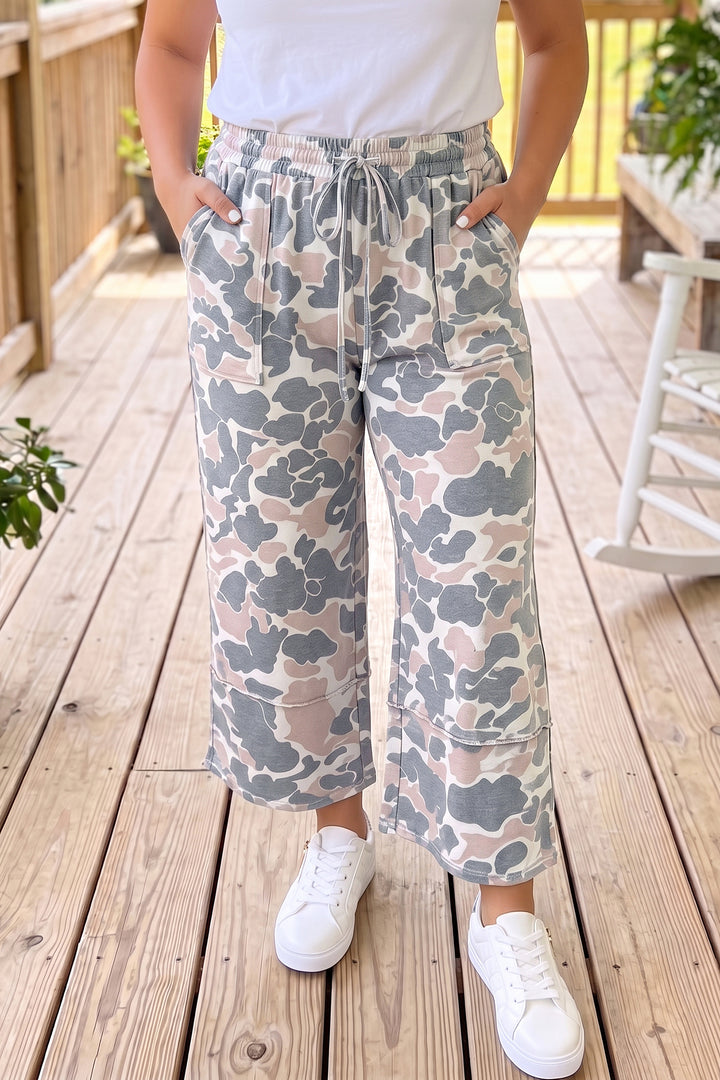 Khaki Camouflage Print Ankle-Length Plus Size Pants