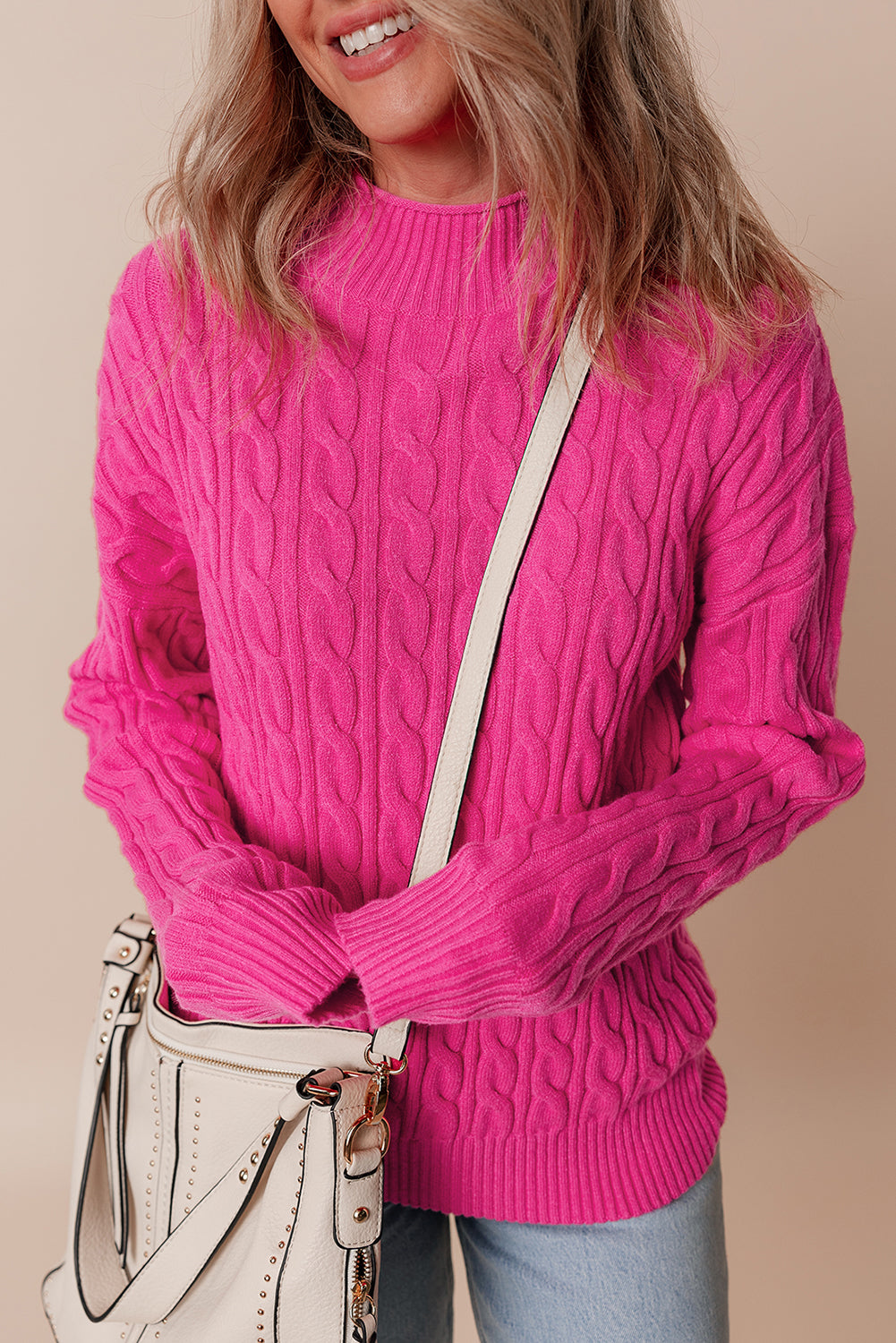 Solid Cable Knit High Neck Drop Shoulder Sweater