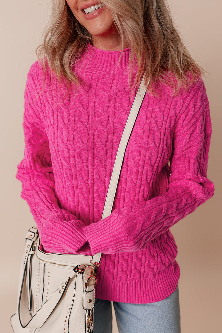 Solid Cable Knit High Neck Drop Shoulder Sweater