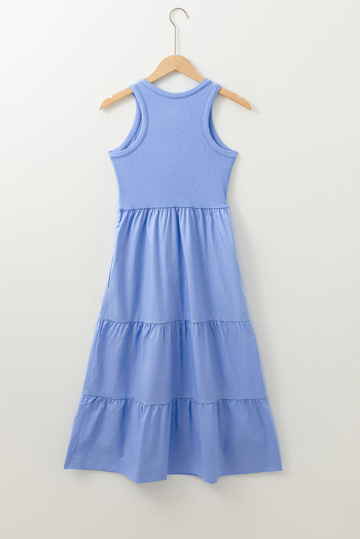 Ribbed Vest Patchwork Tiered Midi Dress with Pockets