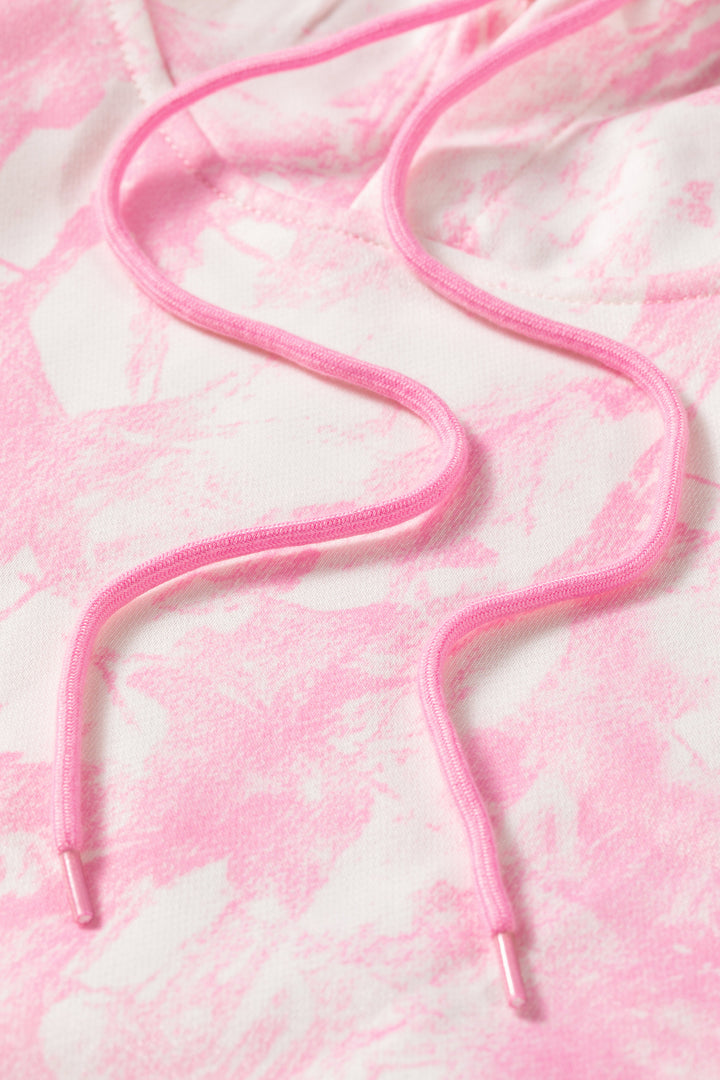 Pink Abstract Print Loose Hoodie Slim Shorts 2pcs Set