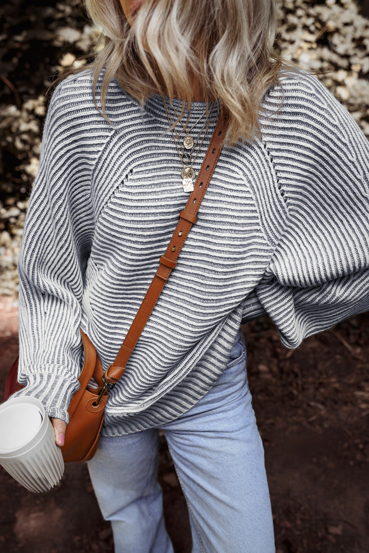 Striped Print Ribbed Knit Boat Neck Baggy Sweater