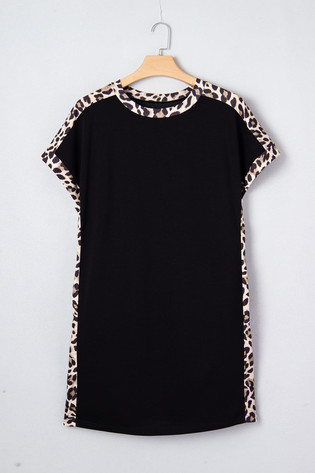 Black Plus Size Leopard Print Patchwork Shift T Shirt Dress