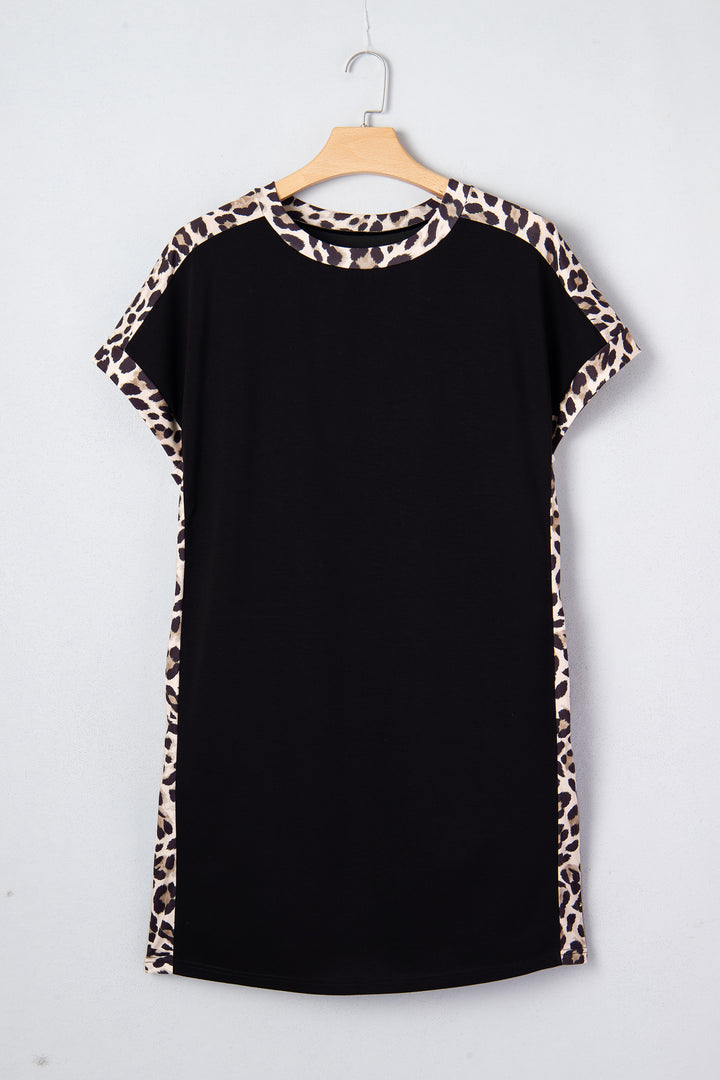 Black Plus Size Leopard Print Patchwork Shift T Shirt Dress