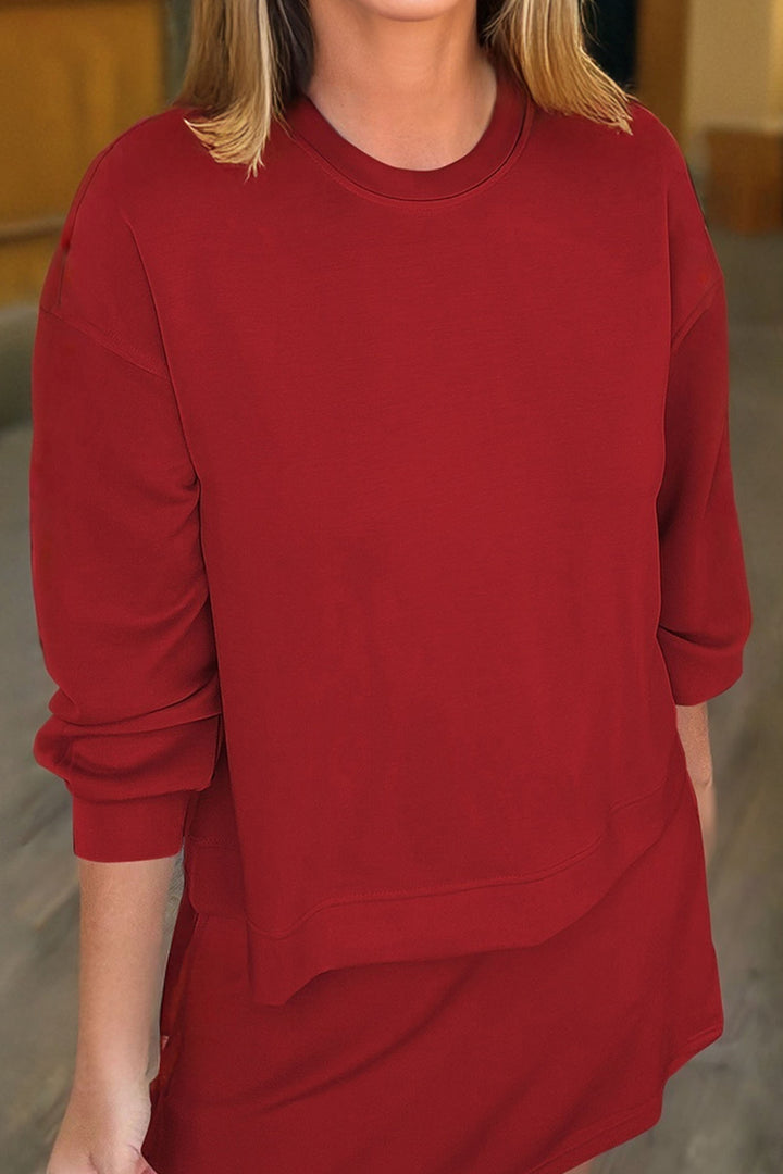 Racing Red Solid Color Drop Shoulder Pullover Mini Skirt 2pcs Outfit