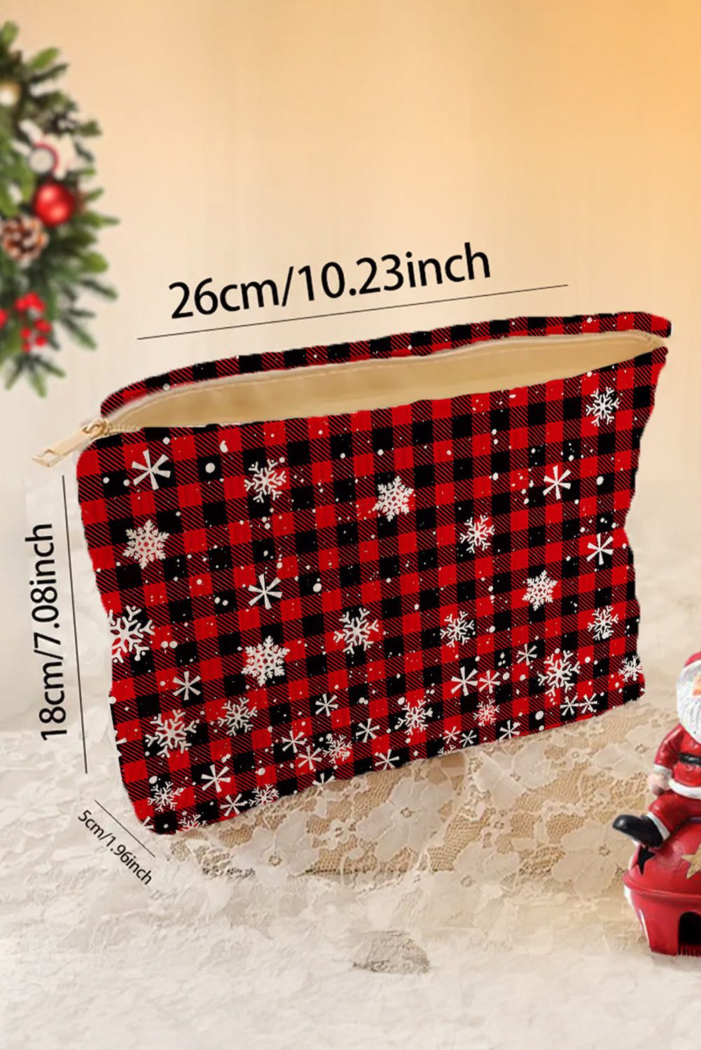 Plaid Christmas Snowflake Print Cosmetic Bag