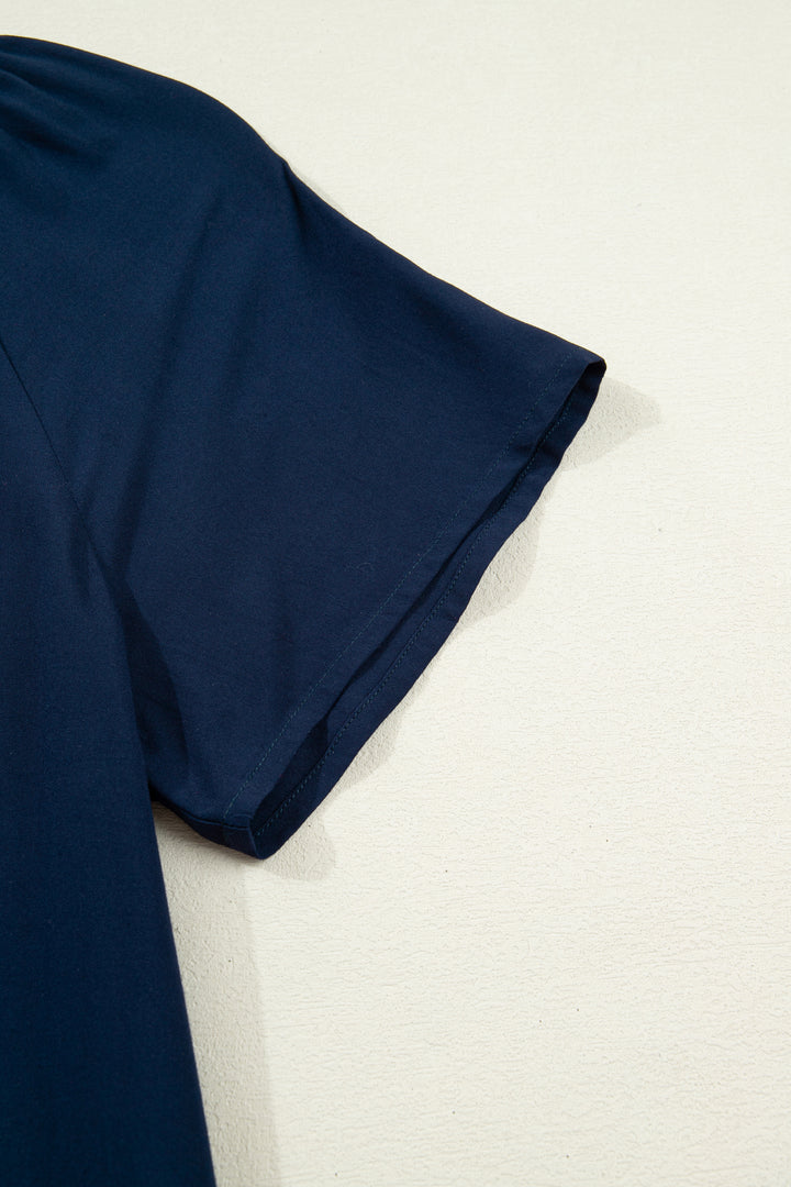 Navy Blue Leopard Metallic Trim Short Sleeve Tunic Dress
