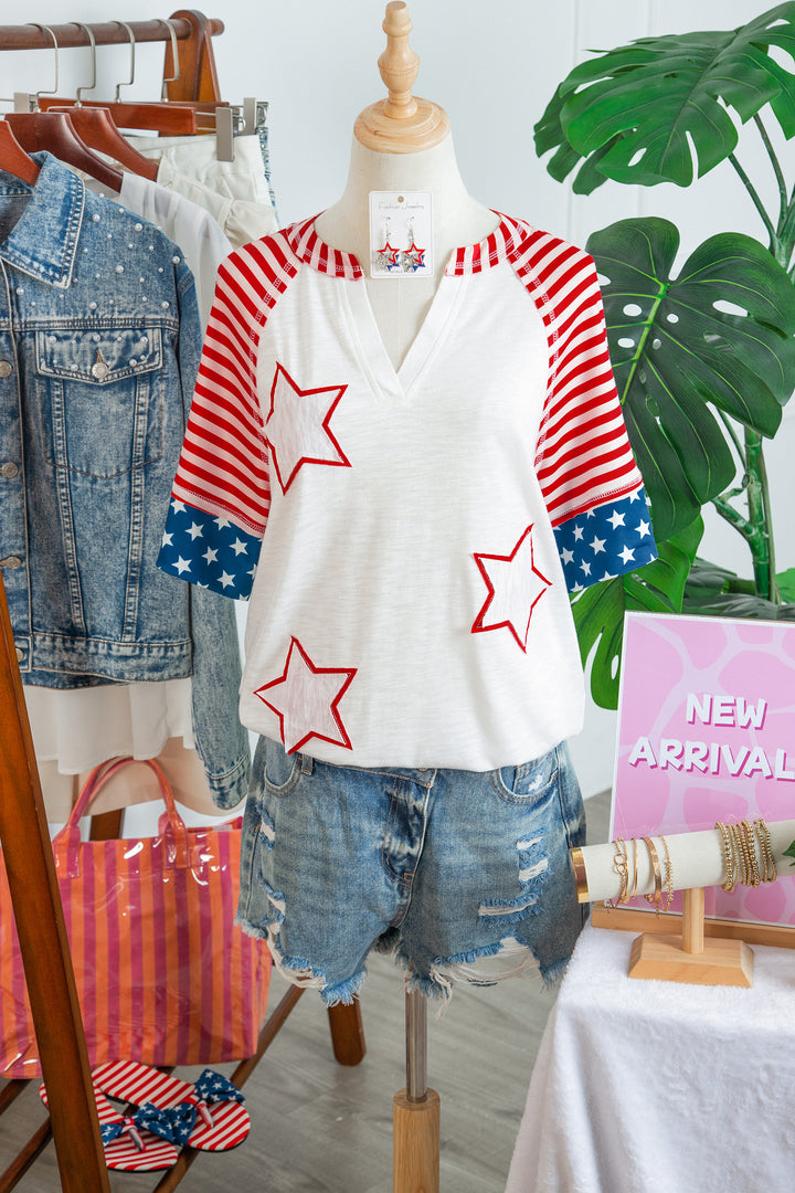 Fiery Red Star Detail Flag Inspired Short Sleeve Top