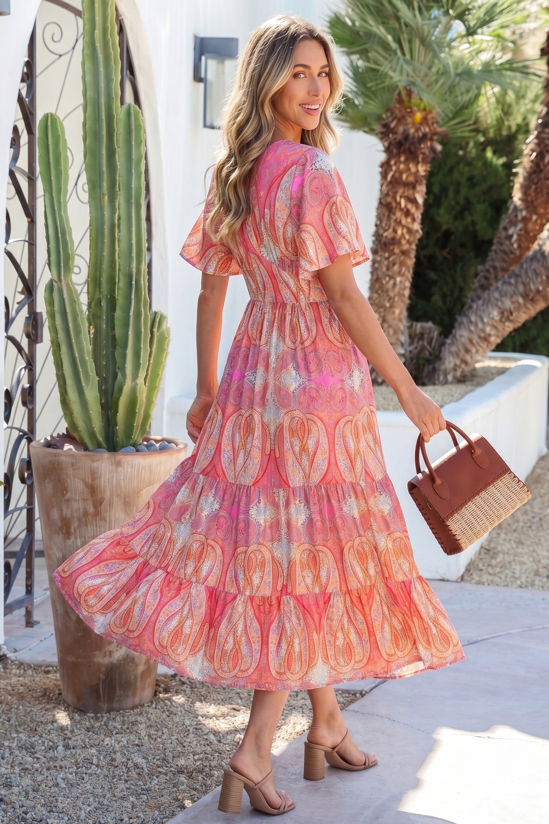 Chic Paisley Print Short Sleeve Boho Maxi Dress with Ruffle Details