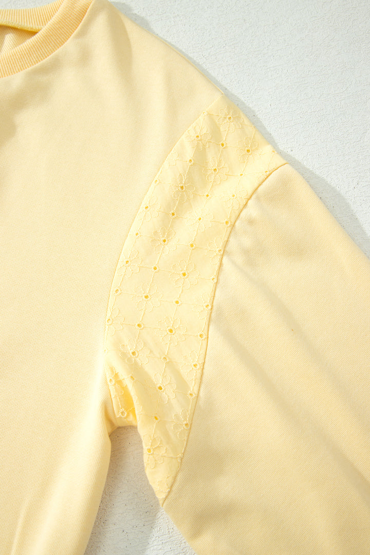 Yellow Cream Eyelet Embroidered Lace Patchwork Cropped Pullover Drawstring Pants Set