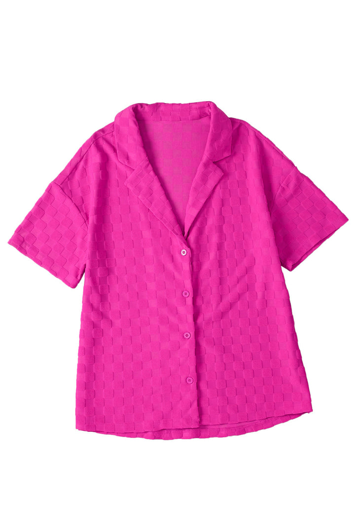 Lapel Neck Checkered Textured Short Sleeve Shirt