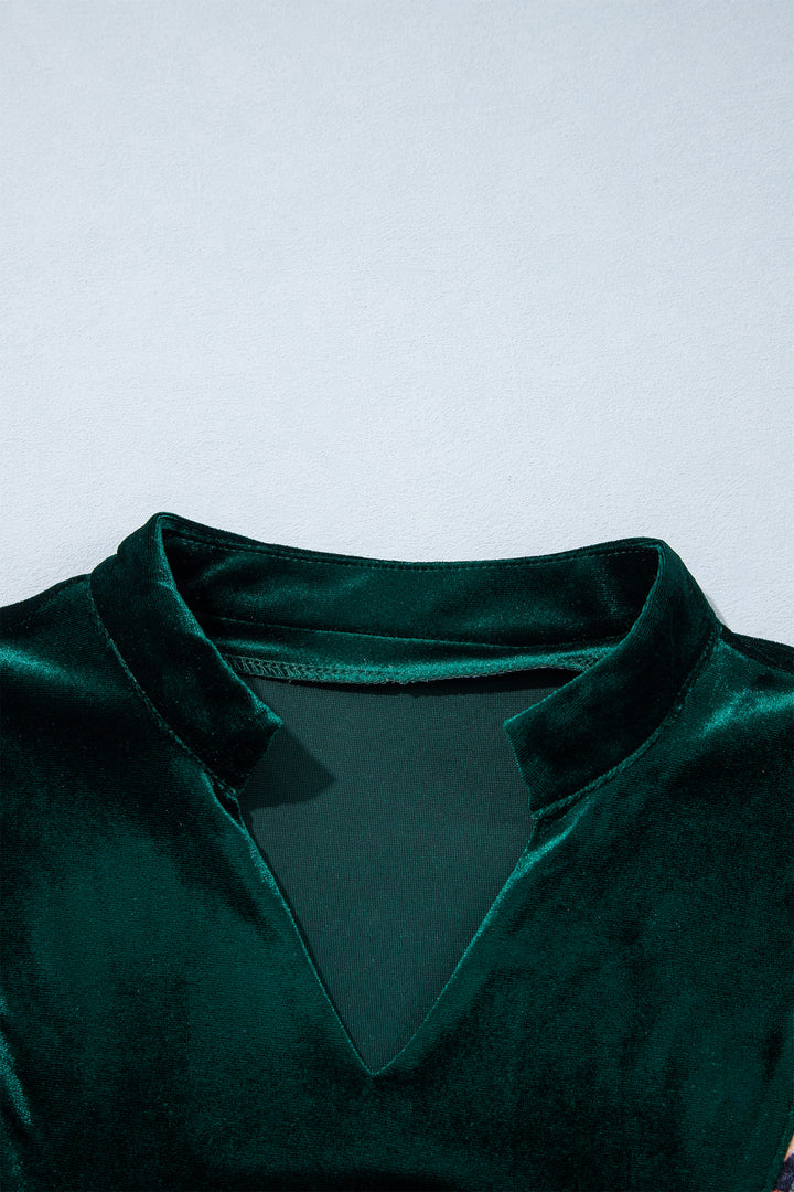 Blackish Green Leopard Trim Velvet Long Sleeve Shift Dress