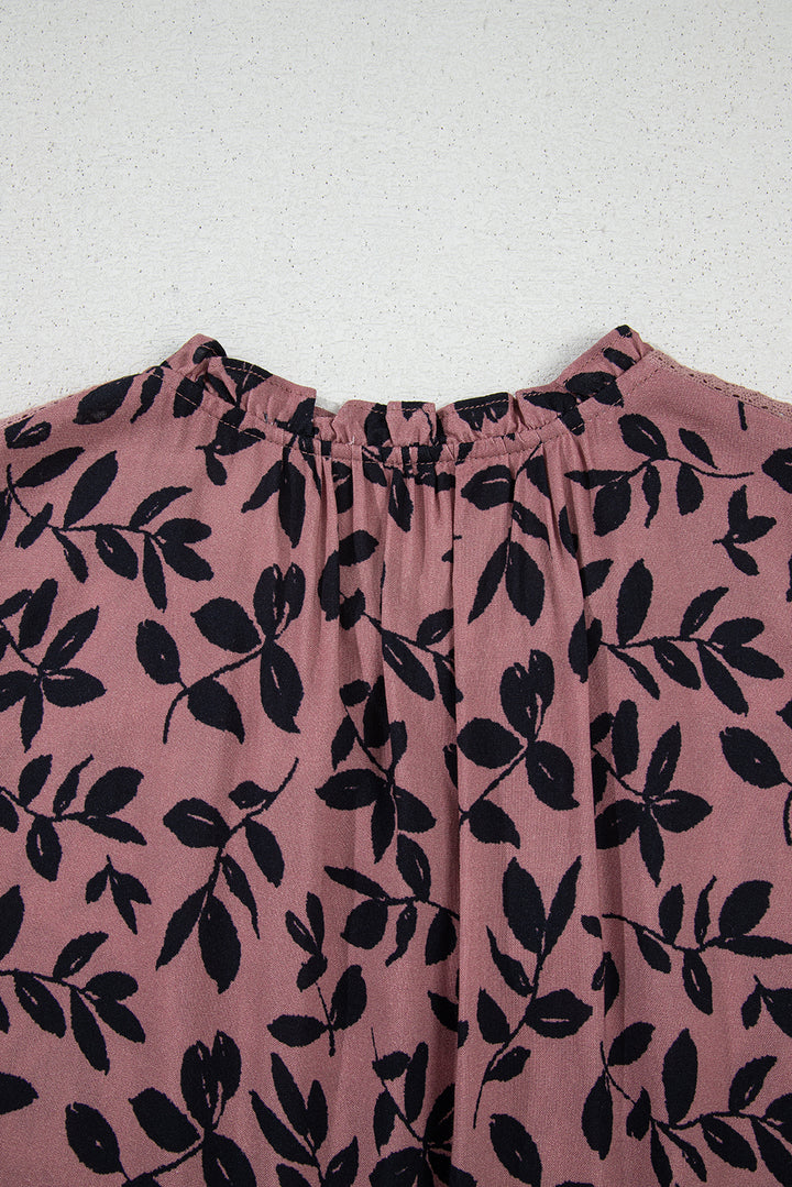 Brown Leaf Print Lace-up V Neck Crinckled Tank Top