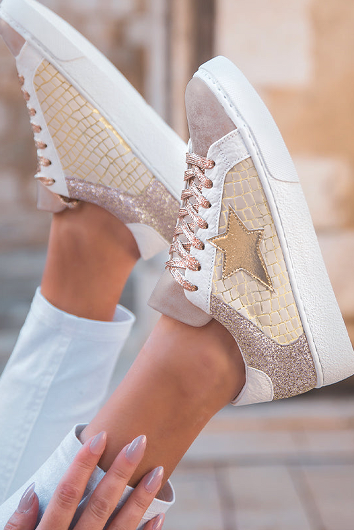Schnür-Sneakers aus PU-Leder mit Glitzerstern-Patchwork 