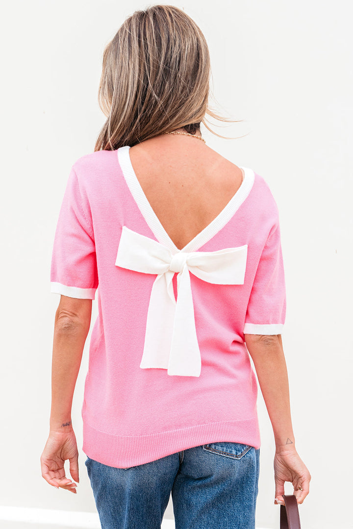 colorblock bow v shape cut back short sleeve sweater
