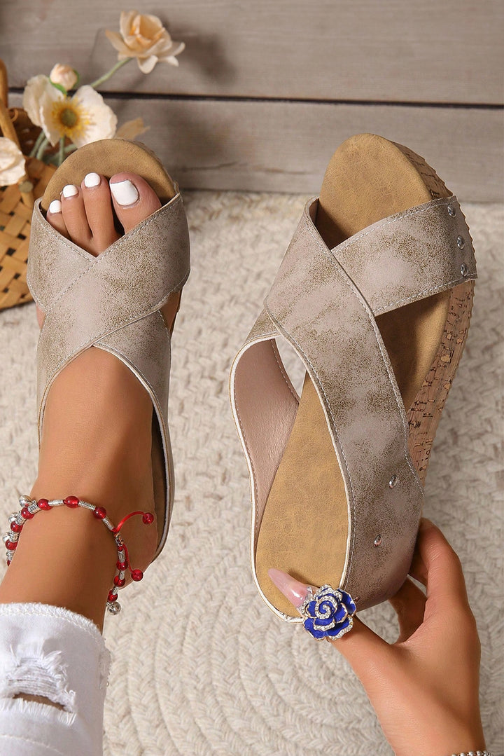 Criss Cross Cut Out PU Leather Wedge Slippers