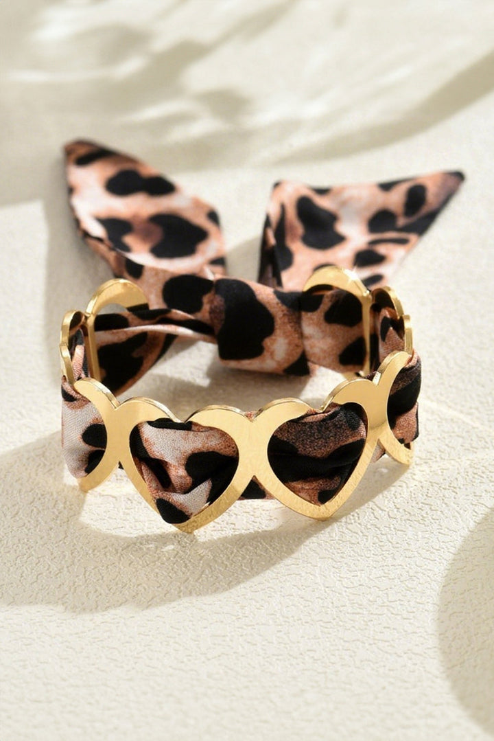 Bracelet en forme de cœur plaqué or avec ruban léopard et ficelle