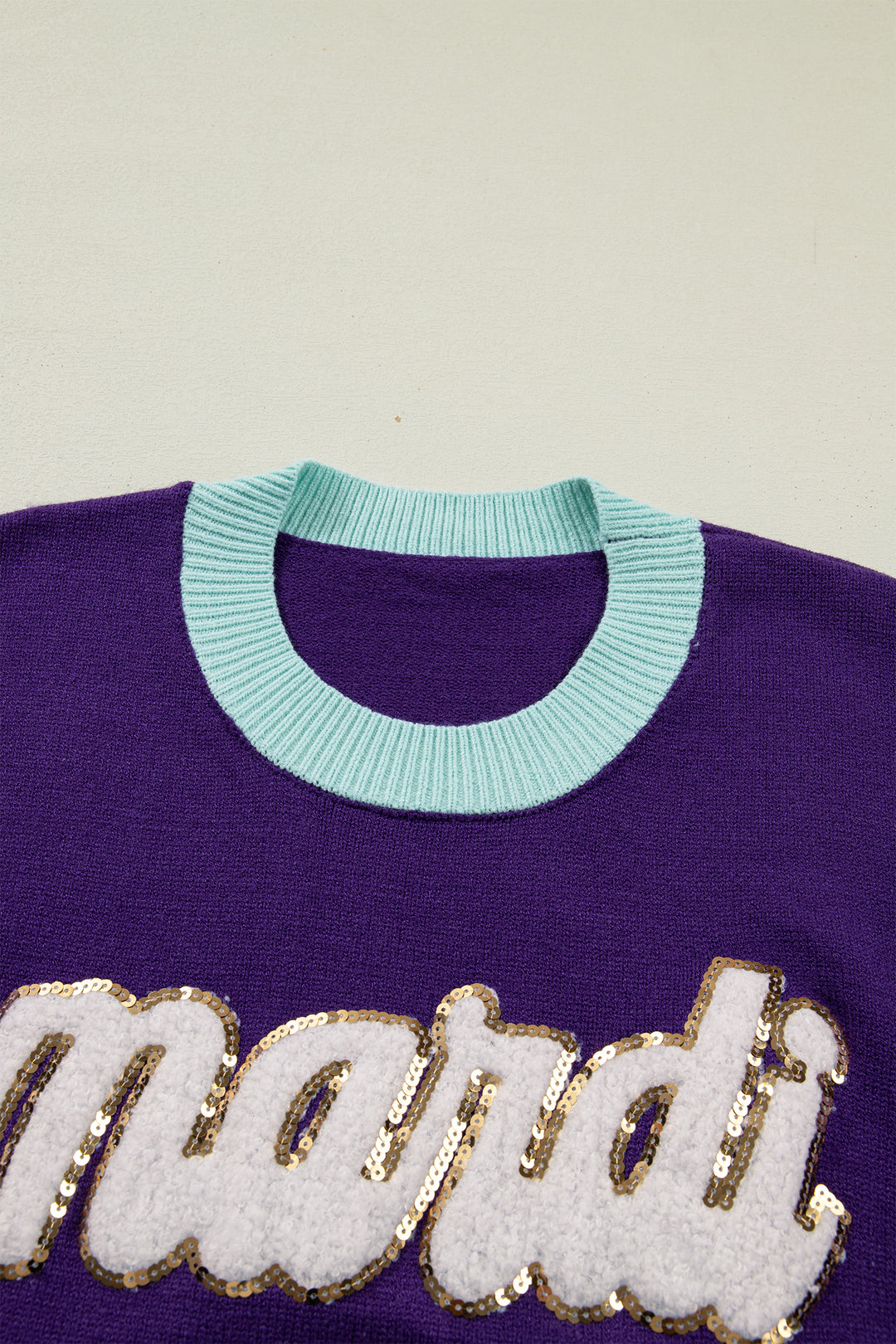 Tillandsia Purple Colorblock Patchwork Fuzzy Mardi Gras Graphic Sweater