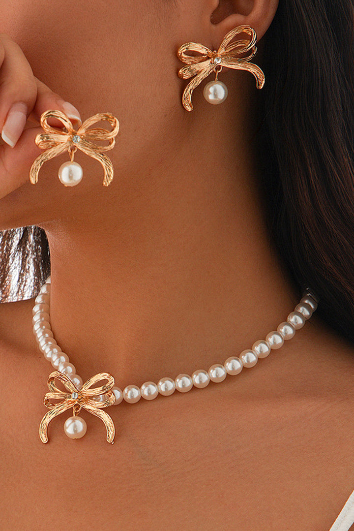 Rhinestone Pearl Bow Decor Plated Necklace and Earrings Set