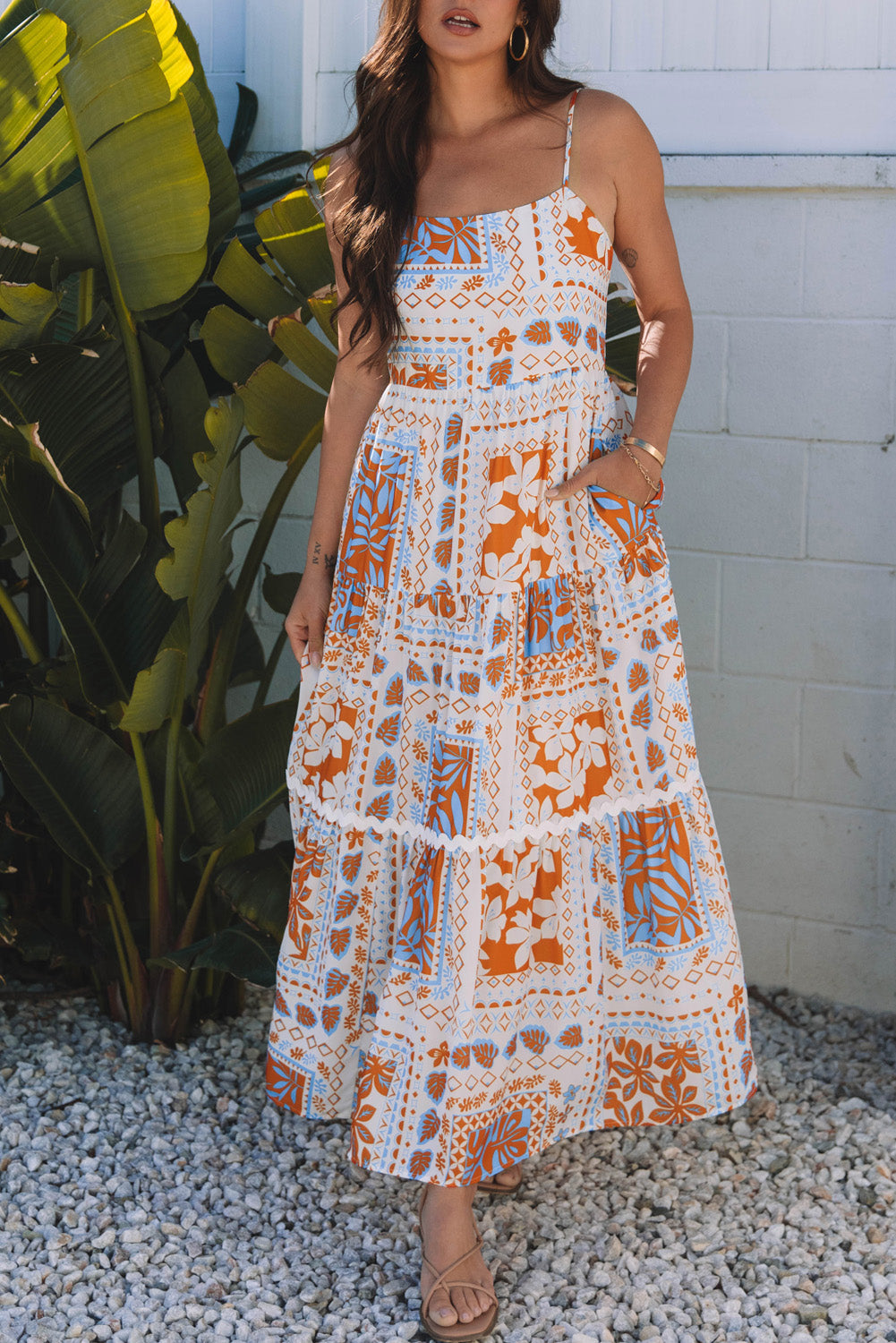 Multi Printed Ricrac Trim Spaghetti Straps Maxi Dress