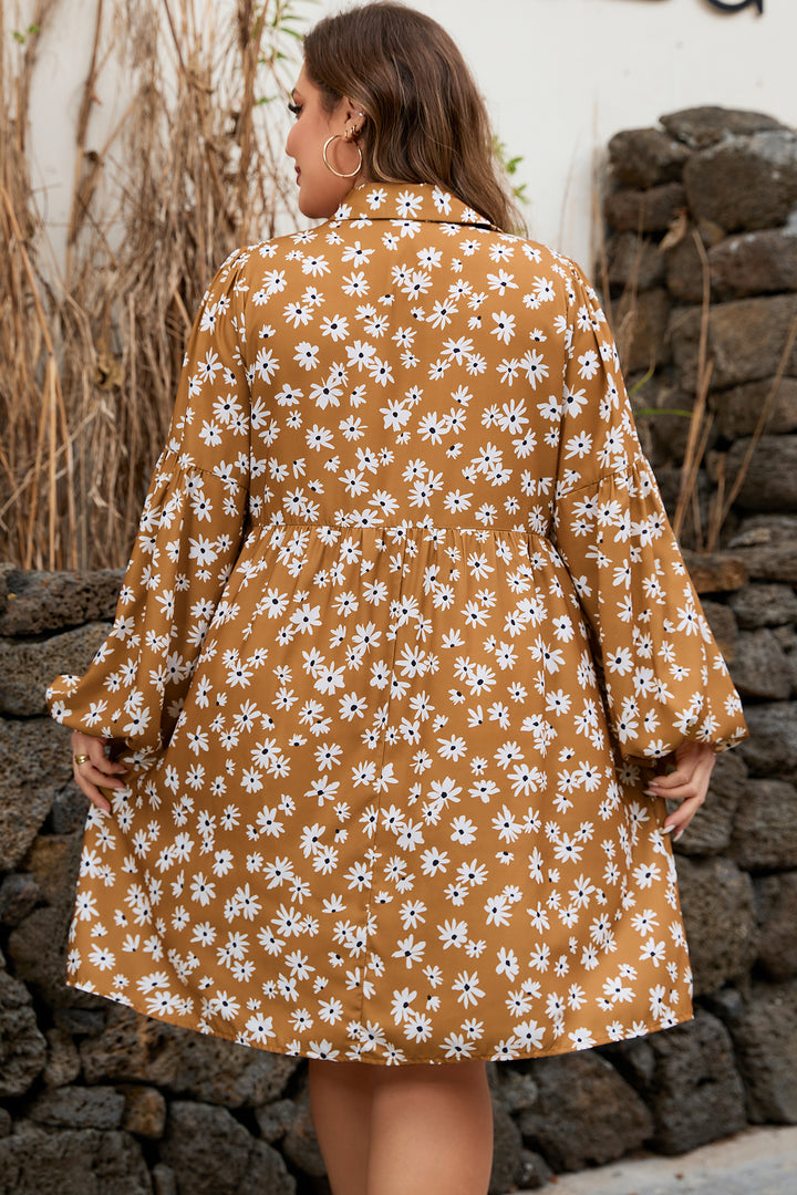 Khaki Daisy Floral Print Button Split Neck Puff Sleeve  Plus Size Dress