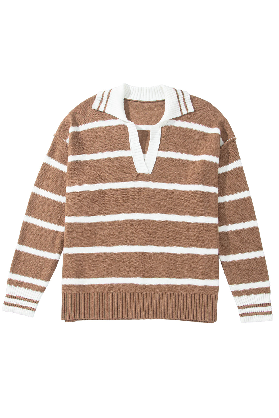 Brown Stripe Striped V Neck Long Sleeve Shift Plus Size Sweater