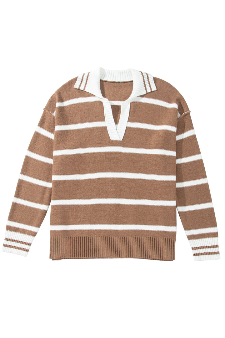 Brown Stripe Striped V Neck Long Sleeve Shift Plus Size Sweater