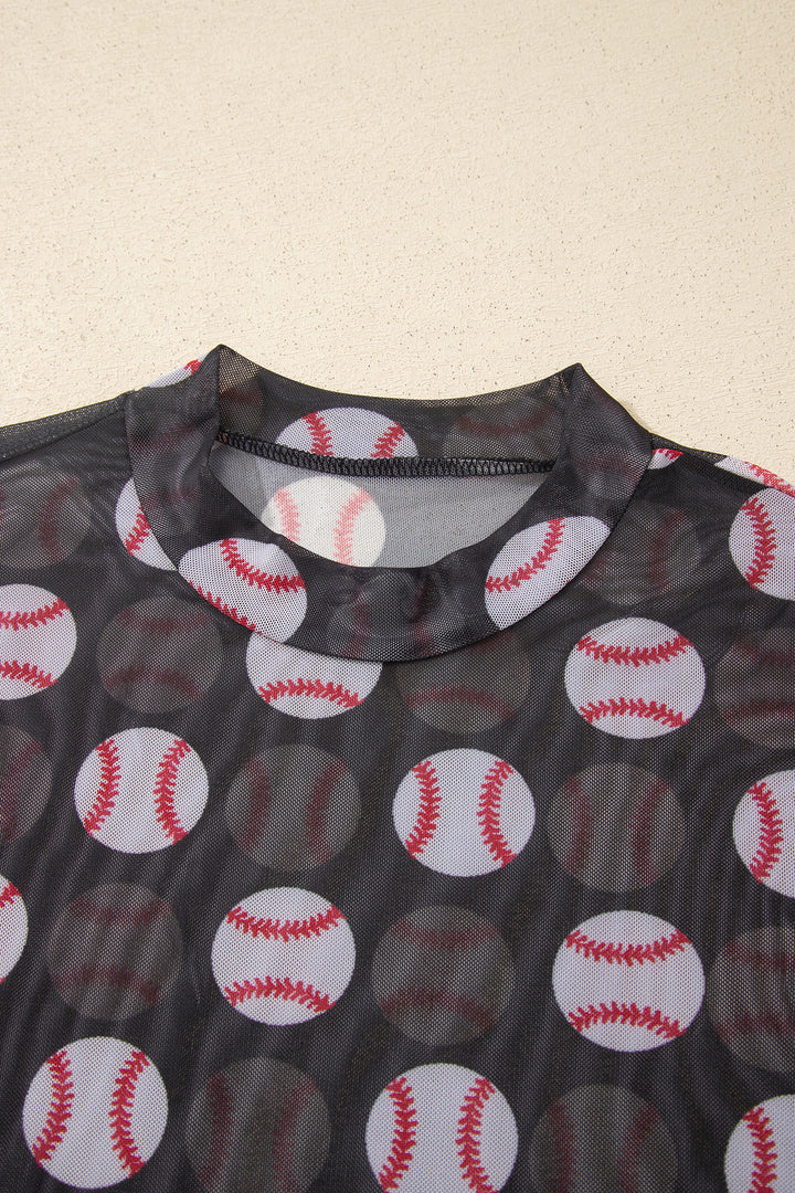 Black Baseball Game Day Sheer Mesh Long Sleeve Top
