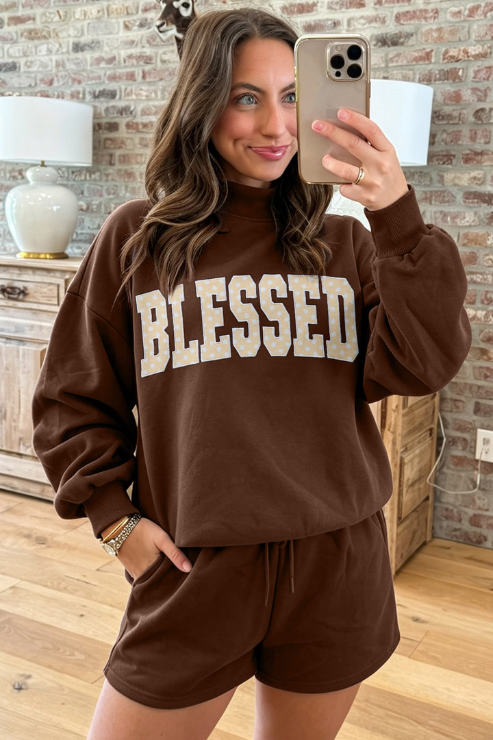 Coffee Christian Slogan Print Mock Neck Pullover and Shorts Set