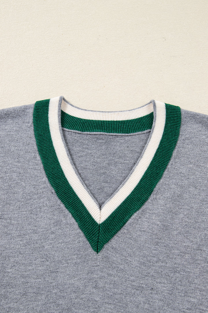 Contrast Striped Trim V Neck Varsity Sweater