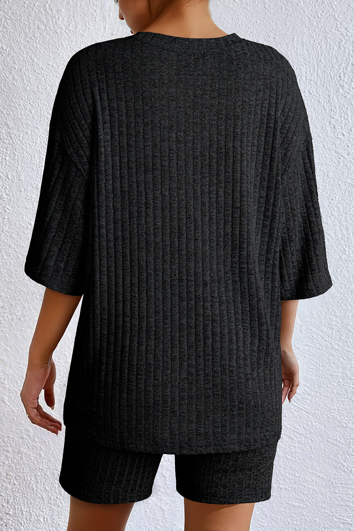 Black Soft Ribbed Loose Tee Slim Shorts 2pcs Sporty Set